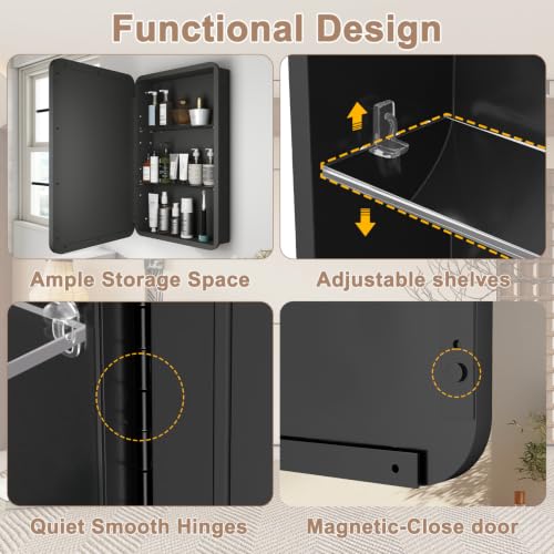 16x24 Inch Recessed or Surface Mount Medicine Cabinet with Mirror - Matte Black, Reversible Door