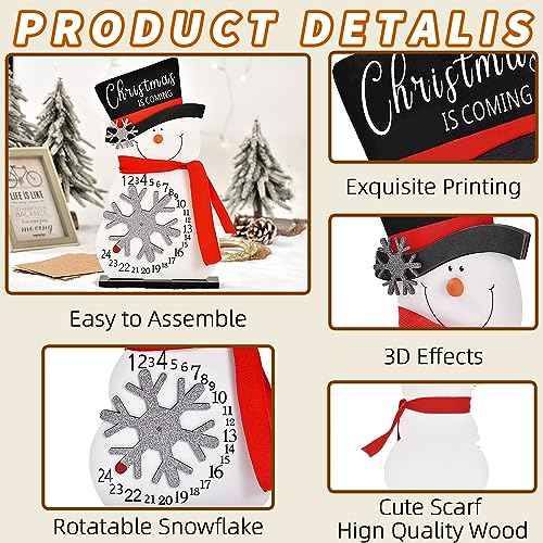 Christmas Countdown Advent Calendar, Wooden Snowman Christmas Decoration, Rustic Farmhouse Merry Christmas Sign, Festive Xmas Decor Centerpiece for Home Table Tiered Tray Mantel (Wood)