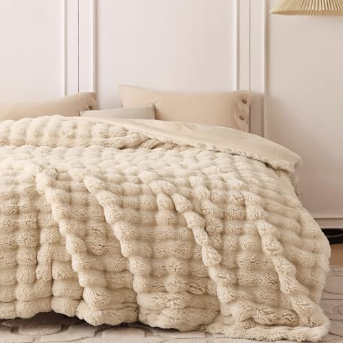COOVA Soft Bubble Faux Fur Throw Blanket - Light Taupe 60x80 Inches