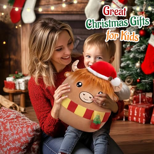 WEWILL 12'' Christmas Highland Cow Soft Plush Pillow Xmas Highland Cow Stuffed Animal Gifts for Toddler Kids Boys Girils