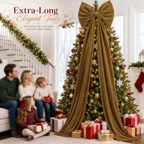 ARQRHTLY 75x20 Inch Dark Brown Velvet Bow Christmas Tree Topper - Rustic Holiday Decor