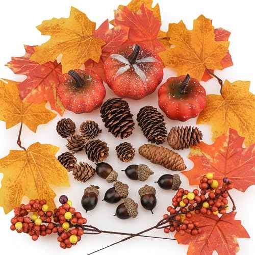 29 Pcs Artificial Pumpkins Decor Set,Fall Home Decorations Including Mini Pumpkins,Maple Leaves,Acorns,Pine Cones,Berries for Home Fall Halloween Thanksgiving Pumpkin Table Decor