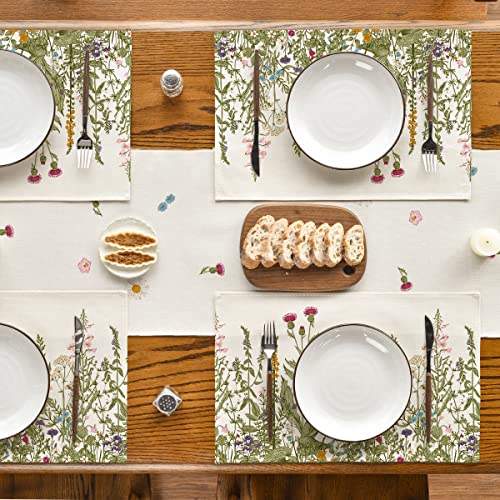 Artoid Mode Antique Herbs and Wild Flowers Summer Placemats Set of 4, 12x18 Inch Seasonal Wildflower Spring Table Mats for Party Kitchen Dining Decoration