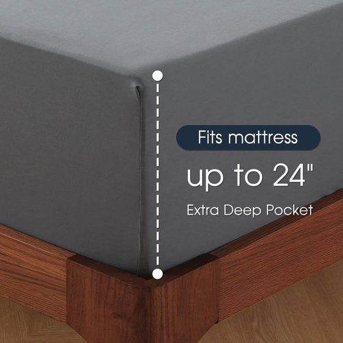 HYPREST Queen Sheet Set - Extra Deep Pocket 100% Cotton, Grey Luxury Cooling Sheets for 18"-24" Mattresses