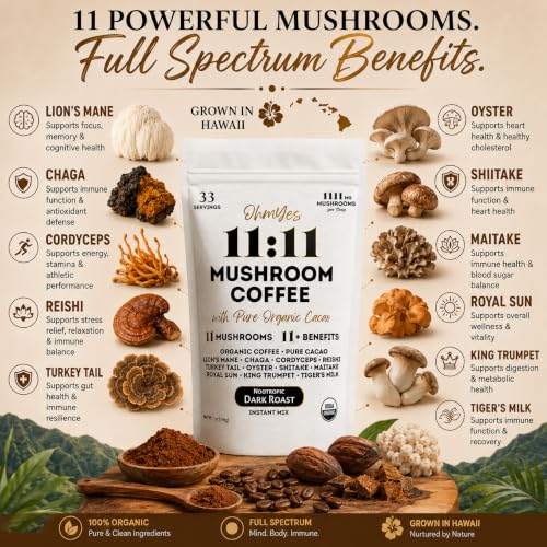 Organic Mushroom Coffee with Cacao - 11 Mushroom Blend, Instant, Unsweetened, 7oz