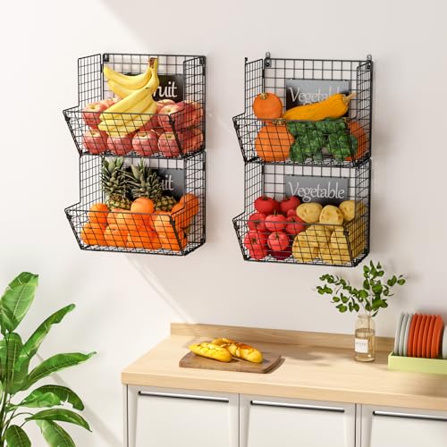 4 Pack Wall Mount Wire Basket Organizer - Extra Large Black Storage Bins with Chalkboards