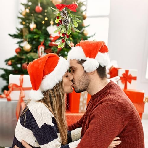 Christmas Mistletoe Decorations Set - 4 Artificial Hanging Kissing Balls with Pinecones & Bows