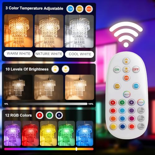 Battery Operated Pendant Light 2 Pack with Remote RGB Dimmable Crystal Hanging Lamp