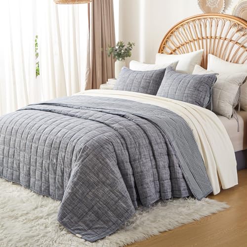 Denim Blue King Size Quilt Set - 3 Pieces Cotton Bedspread with Pillow Shams