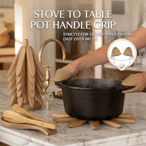 Rynic Beech Wood 10-Piece Trivet Set with Stand & Kitchen Utensils