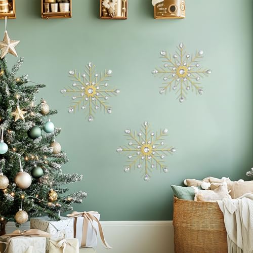Gold 3-Piece Snowflake Starburst Wall Decor Set - 13.5in Crystal Rhinestone Metal Art