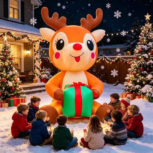 Christmas Reindeer 12ft Sitting Inflatable with Gift Box - EEkiiqi Outdoor LED Yard Decor