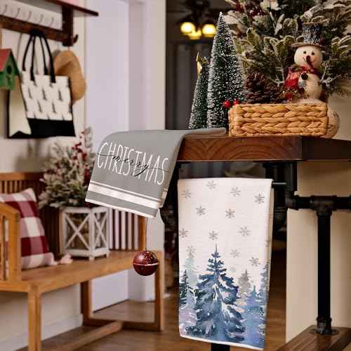 ARKENY Christmas Kitchen Towels Set of 2,Blue Xmas Tree Snowflake Dish Towels 18x26 Inch Drying Dishcloth,Farmhouse Home Decoration AD136