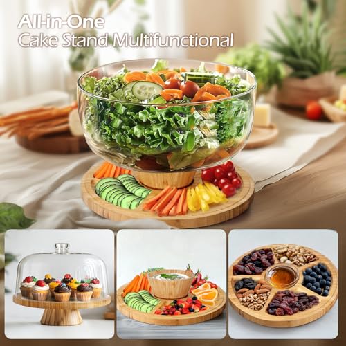 6-in-1 Wooden Cake Stand with Lid, Multi-Function Serving Plate