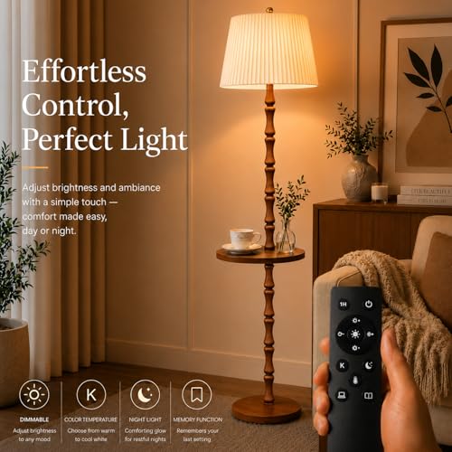 Wood Floor Lamp with Built-in Tray, Remote, Dimmable & 3 Color Temperatures - Light Walnut - Adjustable & Easy Setup