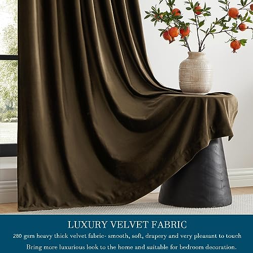 Primrose Brown Velvet Curtains Set of 2 52x120 Inch Room Darkening Window Panels - Blackout, Rod Pocket & Back Tab, Heavy Decor for Bedroom & Living Room