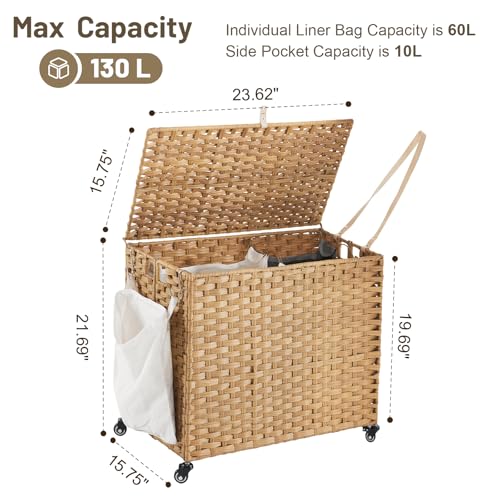 Laundry Hamper with Wheels 34.3 Gallon Natural Rattan 2 Color Liners 3 Mesh Bags