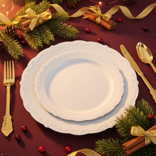 Disposable White Plastic Plates - 100 Pcs Party Dinnerware, Reusable & Elegant