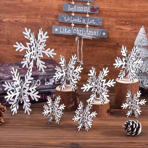 16 Pcs 3D Snowflake Christmas Table Decorations, Wooden White Winter Snowflake Christmas Decor Tabletop Centerpiece Signs for Xmas Festival Home Party Decoration (3 Sizes)