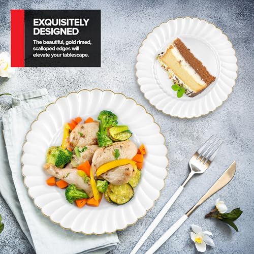 Disposable Ivory & Gold Scalloped Plastic Plates - Heavy Duty 100 Pack - Elegant Holiday & Party Dinnerware