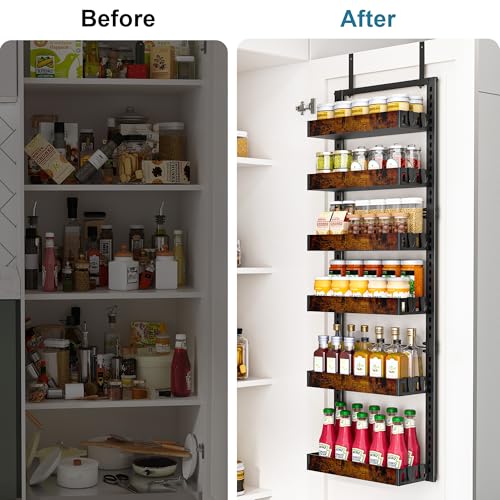 BUKFEN Black 6-Tier Over-the-Door Pantry Organizer with Adjustable Wooden Baskets