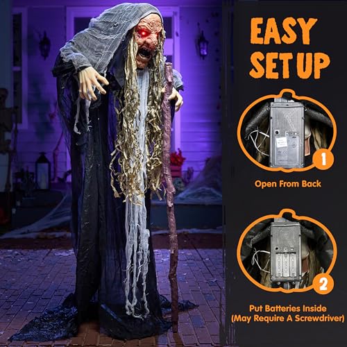 JOYIN Gray Hunchback Witch Halloween Animatronic Outdoor Decor with Light & Creepy Sound