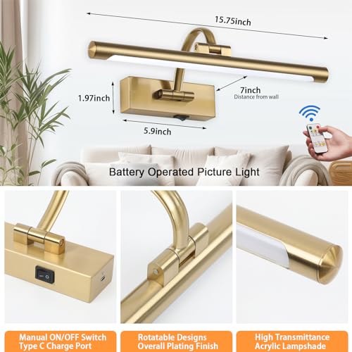 Tassuowell Brass 15.7-inch Wireless Dimmable Picture Light with Remote