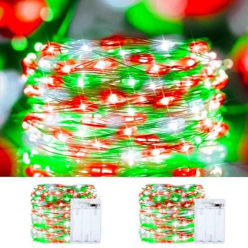 Christmas String Lights Red Green White Copper Wire, 2 Pack Total 200LED Fairy Lights Waterproof Twinkle Lights for Xmas, Bedroom, Garden, Patio, Outdoor Decor- Red White Green
