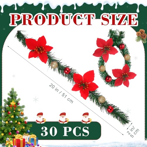 Zhengmy 30 Pcs Christmas Garland Ties with Poinsettia & Ornaments — Flexible Holiday Railing Decor, 20 Inch