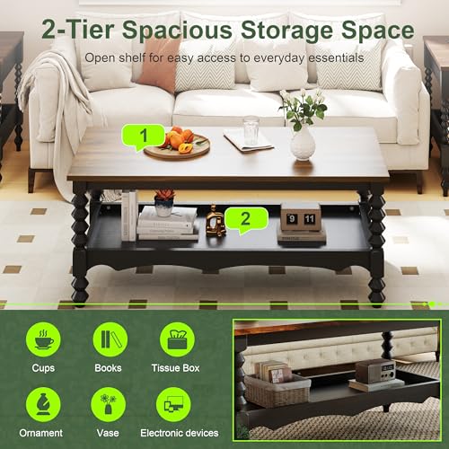 YOSHOOT 42-Inch Black Farmhouse Coffee Table with Storage, 2-Tier, Solid Wood Legs, 18.9"D x 41.3"W x 17.7"H