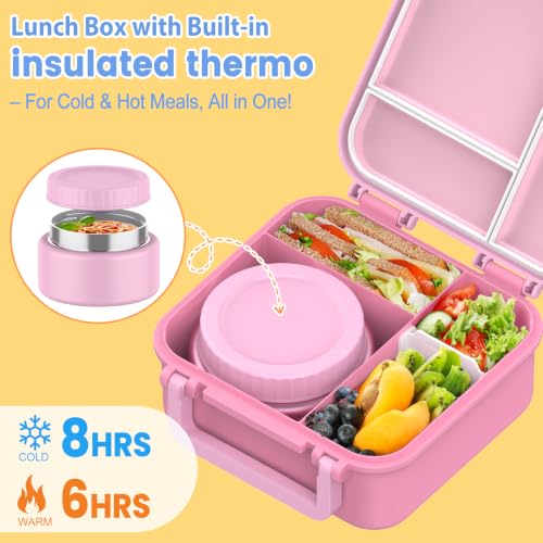 Kids Bento Lunch Box with Thermo Jar - Pink, Leak-Proof 3-Compartment Kids Lunch Container