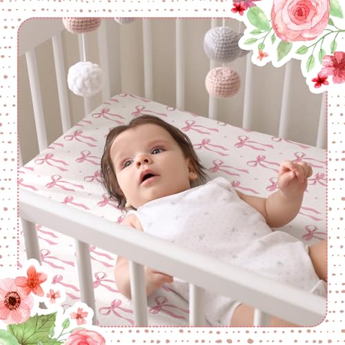 Peryiter 4 Pack Pink Crib Sheets with Coquette Bow - Fitted Microfiber Bedding for Standard Cribs 52'' x 28''