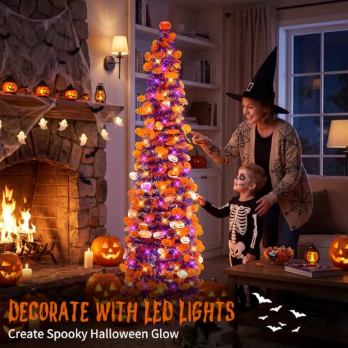 WOKEISE 5FT Purple-6 Halloween Pumpkin Tree with Remote Timer & LED Lights