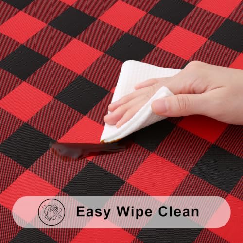 Smiry 72 x 42 inch Flannel-Backed Waterproof Vinyl Tablecloth - Red & Black Gingham, Elastic-Fit Fitted Table Cover