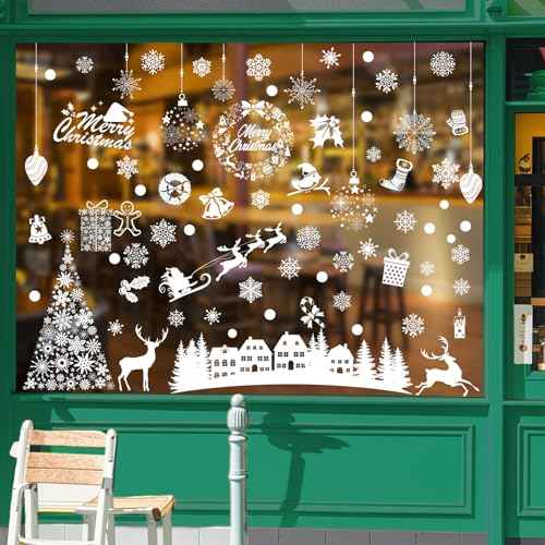 Christmas Window Stickers 146Pcs Christmas Window Clings - Double-Sided White House Tree Snowflake Decals Self Adhesive Windows Decoration for Xmas Holiday Winter Party 9 Sheets