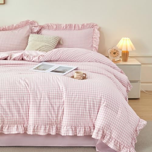 Pink Gingham Full Bedding Set for Girls - 5 Pieces Ruffled Bed Comforter & Sheets