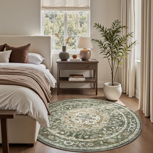8ft Olive Green Round Rug - Non Slip Machine Washable Living Room Carpet
