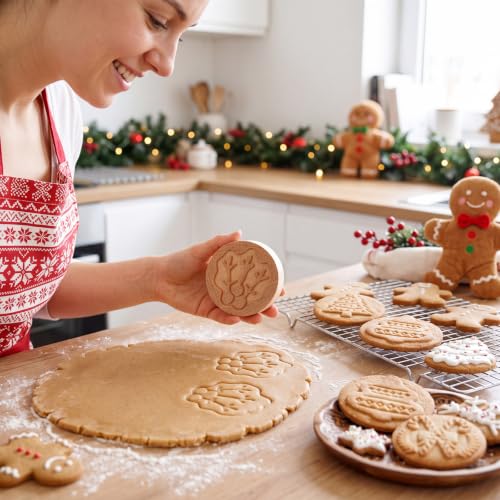 Christmas Cookie Stamp Set - 3 Deep Imprint Wooden Molds for Baking, Holiday Design