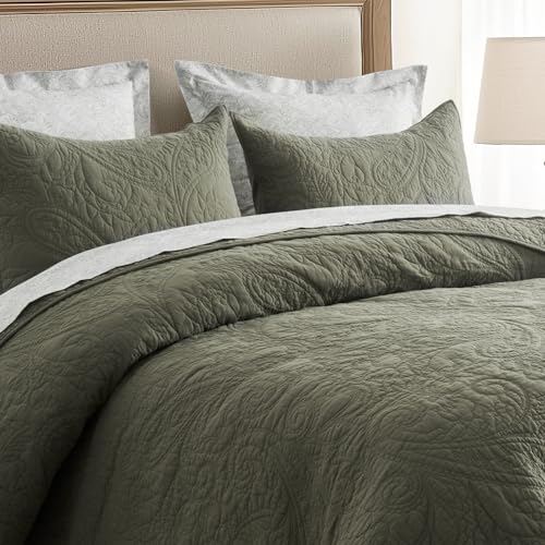 Cotton Paisley Quilt Set Queen Size - Olive Green, Rustic Style, Elegant Design