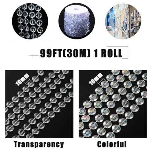 99ft Clear Bead Garland, Clear Acrylic Crystal Strand Roll for Christmas Tree, Hanging Ornaments, Holiday Home D?cor, DIY Crafts and Curtain Decorations