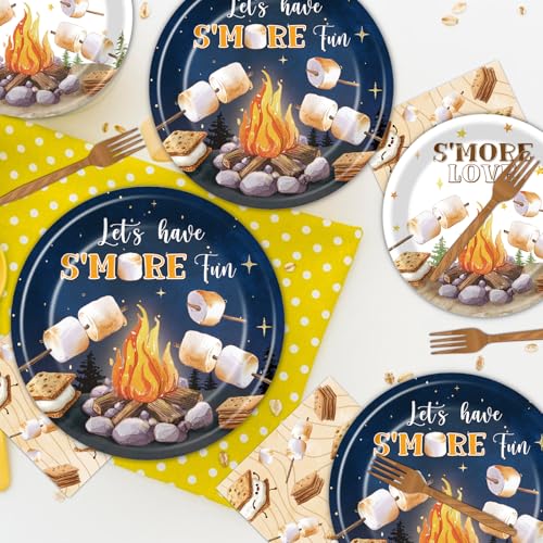 Deorfuy Smores Camping Party Supplies - Disposable Plates Napkins & Forks for 24 Guests