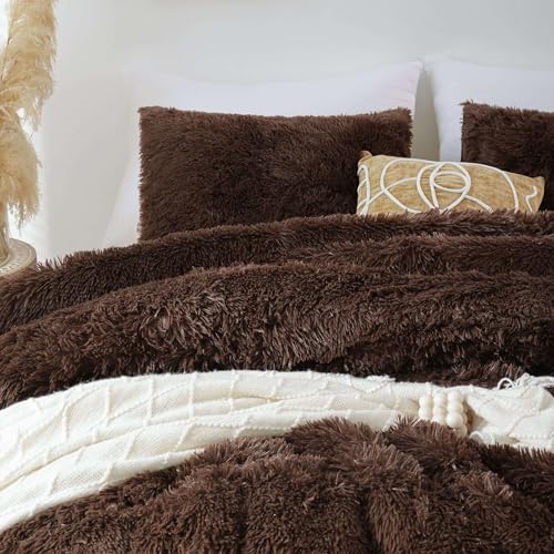 King Size Faux Fur Comforter Set - Coffee Brown, 3 Pieces, Plush & All-Season