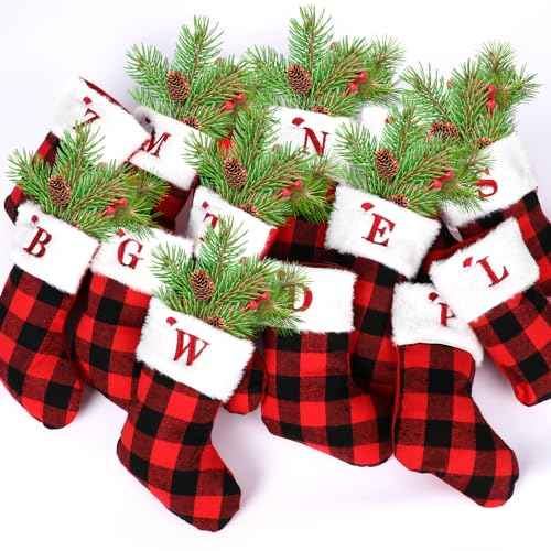 8inches Initial Monogram Christmas Stocking Red Buffalo Plaid Christmas Stocking with Embroidered Letter Personalized Mini Christmas Stocking White Plush Xmas Stocking for Xmas Tree Fireplace Decor(L)