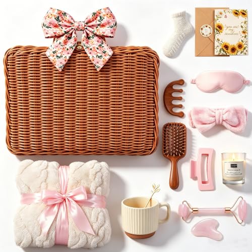 Pink Spa Gift Basket for Women - 15-Piece Self Care Set with Rattan Suitcase