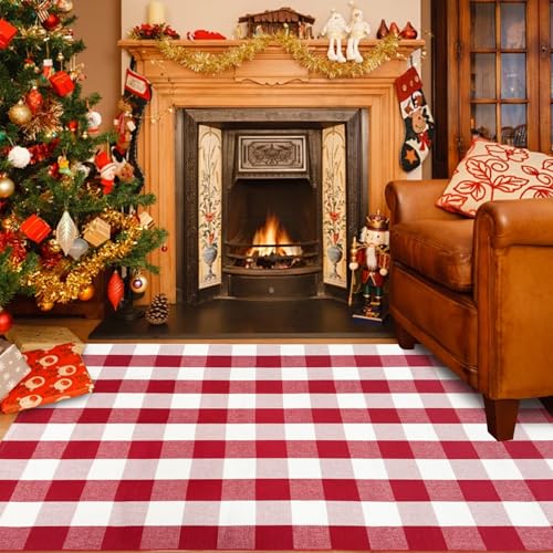 USTIDE Red & White Buffalo Plaid Outdoor Rug 4' x 6' Washable Cotton Entryway Mat