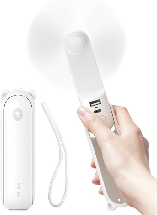 JISULIFE Handheld Fan - Mini 3-in-1 Fan with 37 Hours Cooling & 4500mAh Power Bank | Portable White