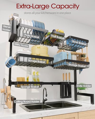 Black 3-Tier Over-The-Sink Dish Drying Rack - Adjustable Stainless Steel Kitchen Organizer