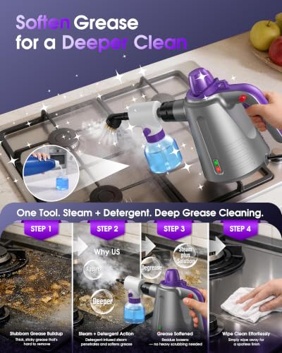Purple Handheld Steam Cleaner for Home & Car Upholstery with 14 Accessories