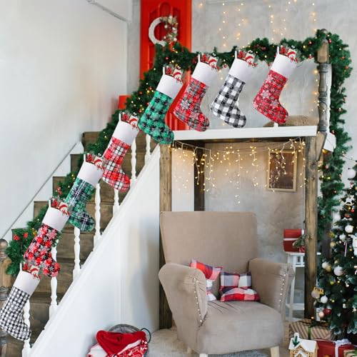 Tatuo 8-Pack Christmas Stockings 15in Buffalo Plaid Fireplace Decor