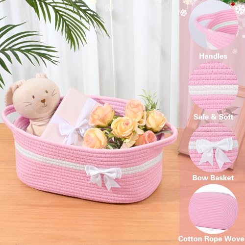 Christmas Gift Basket Empty, Pink Woven Basket for Gifts Empty with Bags & Ribbons, Durable Rope Storage Basket for Organizing, Giving Gifts at Christmas, Nursery, Baby Shower, Bathroom
